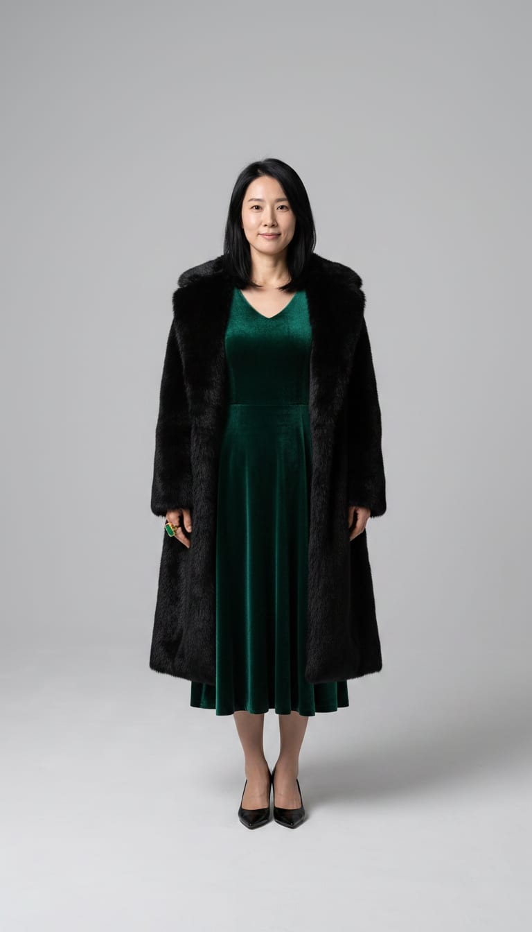 A woman wearing an emerald green velvet midi dress, black longline faux fur coat, black patent leather pointed-toe pumps and large gold-tone cocktail ring — a old money outfit.