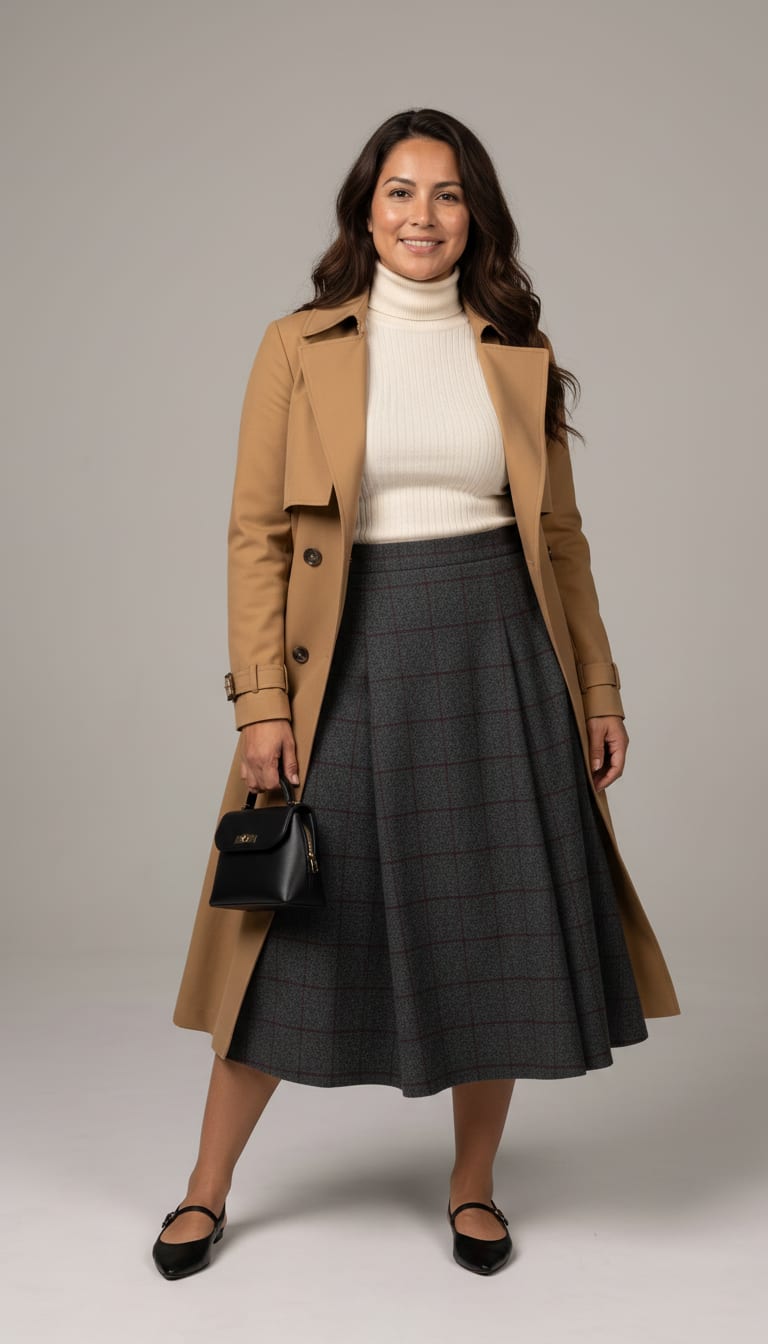 A woman wearing a cream fine-gauge knit turtleneck sweater, charcoal grey and subtle burgundy plaid wool blend A-line midi skirt, classic camel tailored trench coat and black leather pointed-toe flats — a old money outfit.