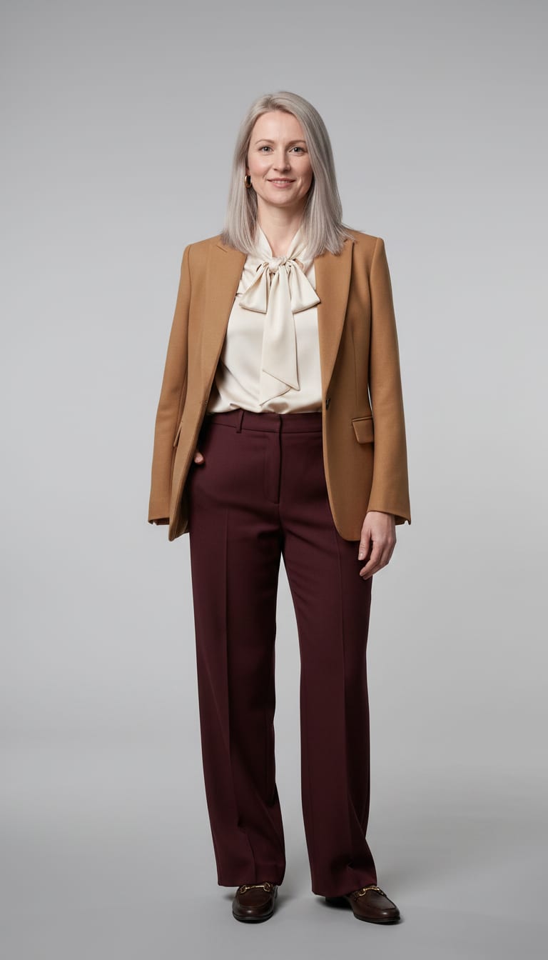 A woman wearing a cream silk pussy-bow blouse, high-waisted, structured camel wool blend blazer and classic dark brown leather loafers — a old money outfit.