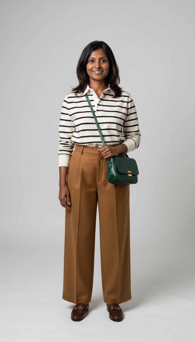 A woman wearing a cream and navy striped cotton rugby shirt, classic dark brown leather loafers and structured crossbody bag in deep forest green leather — a old money outfit.
