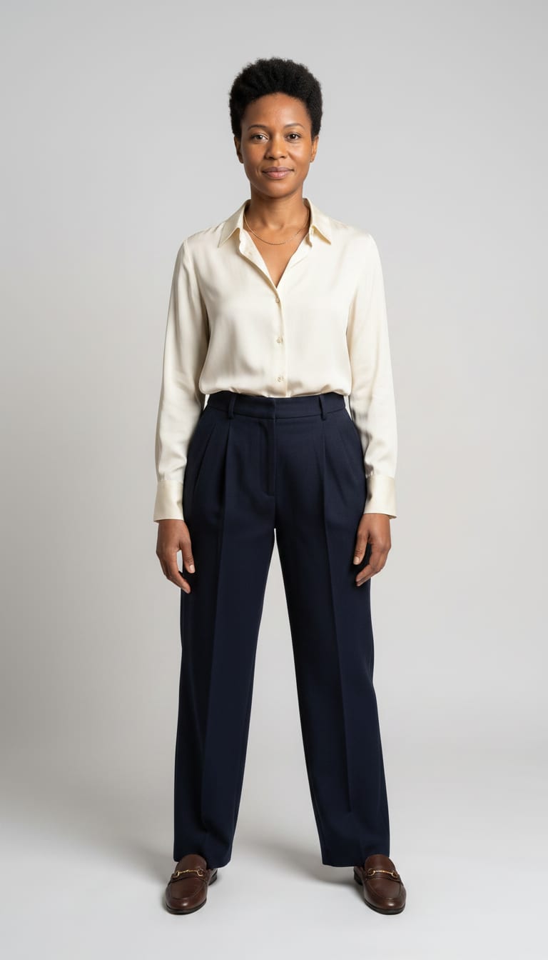 A woman wearing a cream silk-blend long-sleeve button-down shirt, navy pleated wide-leg wool-blend trousers, dark brown leather loafers and thin gold chain necklace — a old money outfit.
