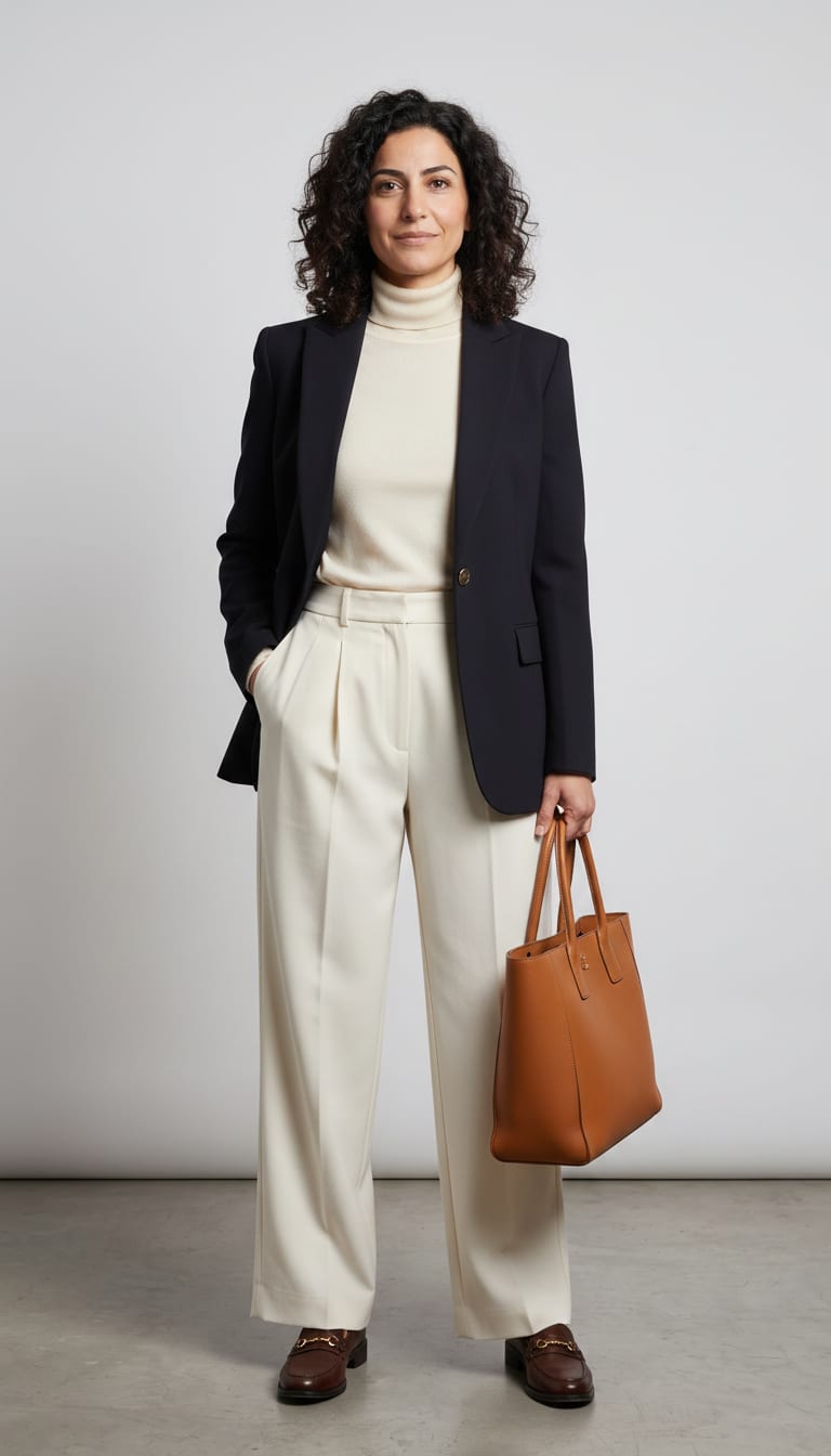 A woman wearing a fitted fine-gauge knit turtleneck sweater in a rich cream color, high-waisted pleated wide-leg trousers in a crisp cream fabric, structured single-breasted blazer in a deep navy wool blend and polished leather loafers in a dark brown — a old money outfit.