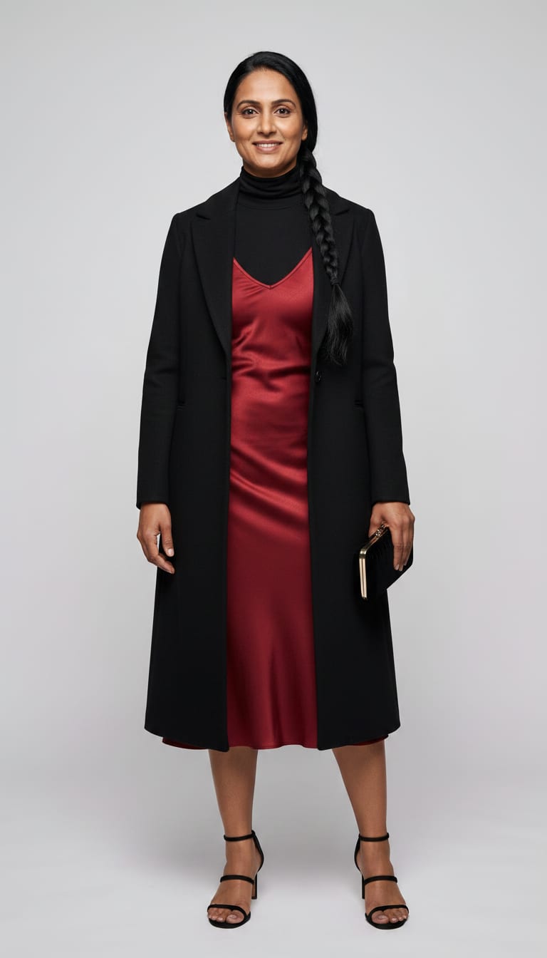 A woman wearing a black fine-gauge merino wool long-sleeve turtleneck, ruby red satin midi slip dress, black longline wool blend coat and black delicate strappy heeled sandals — a old money outfit.