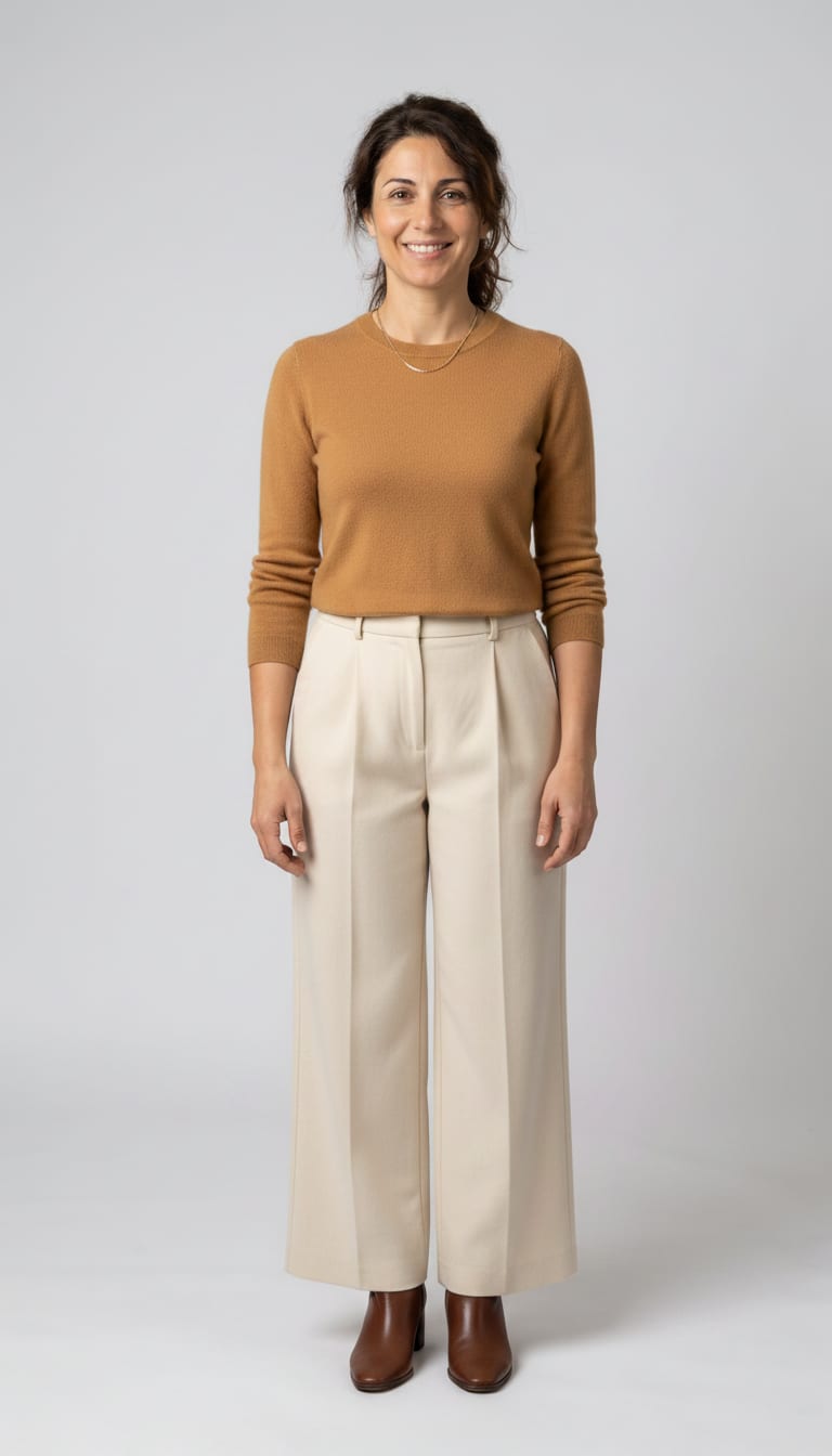 A woman wearing a high-waisted, fine-gauge cashmere blend crewneck sweater in a warm camel hue, pointed-toe leather ankle boots in a rich chocolate brown and delicate gold-toned box chain necklace — a quiet luxury outfit.