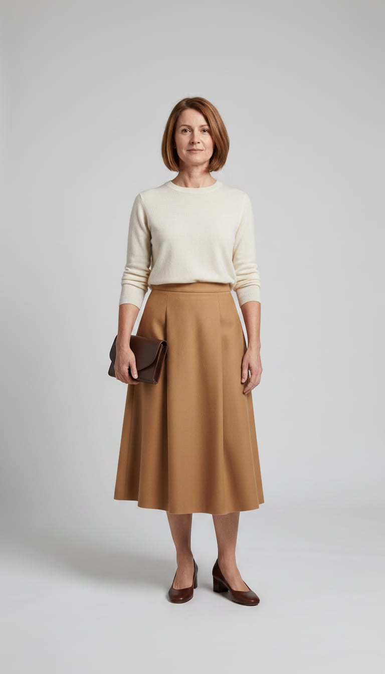 A woman wearing a cream cashmere fine-gauge crewneck sweater, camel wool A-line pleated midi skirt, chocolate brown leather block heel pumps and small dark brown leather structured clutch bag — a quiet luxury outfit.