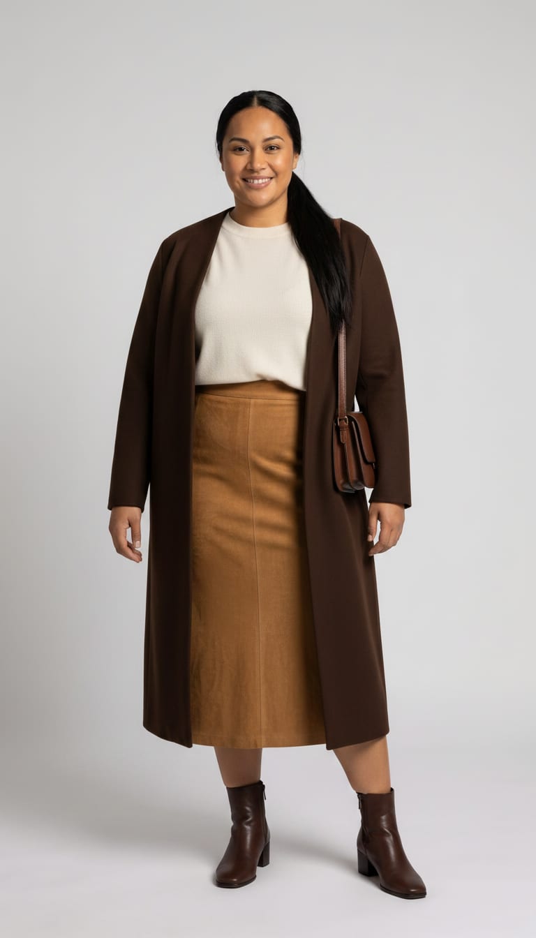 A woman wearing a high-waisted A-line midi skirt in rich camel suede, fine-gauge cashmere crewneck sweater in warm cream, longline straight-cut wool coat in deep chocolate brown and block-heel ankle boots in dark brown leather — a quiet luxury outfit.