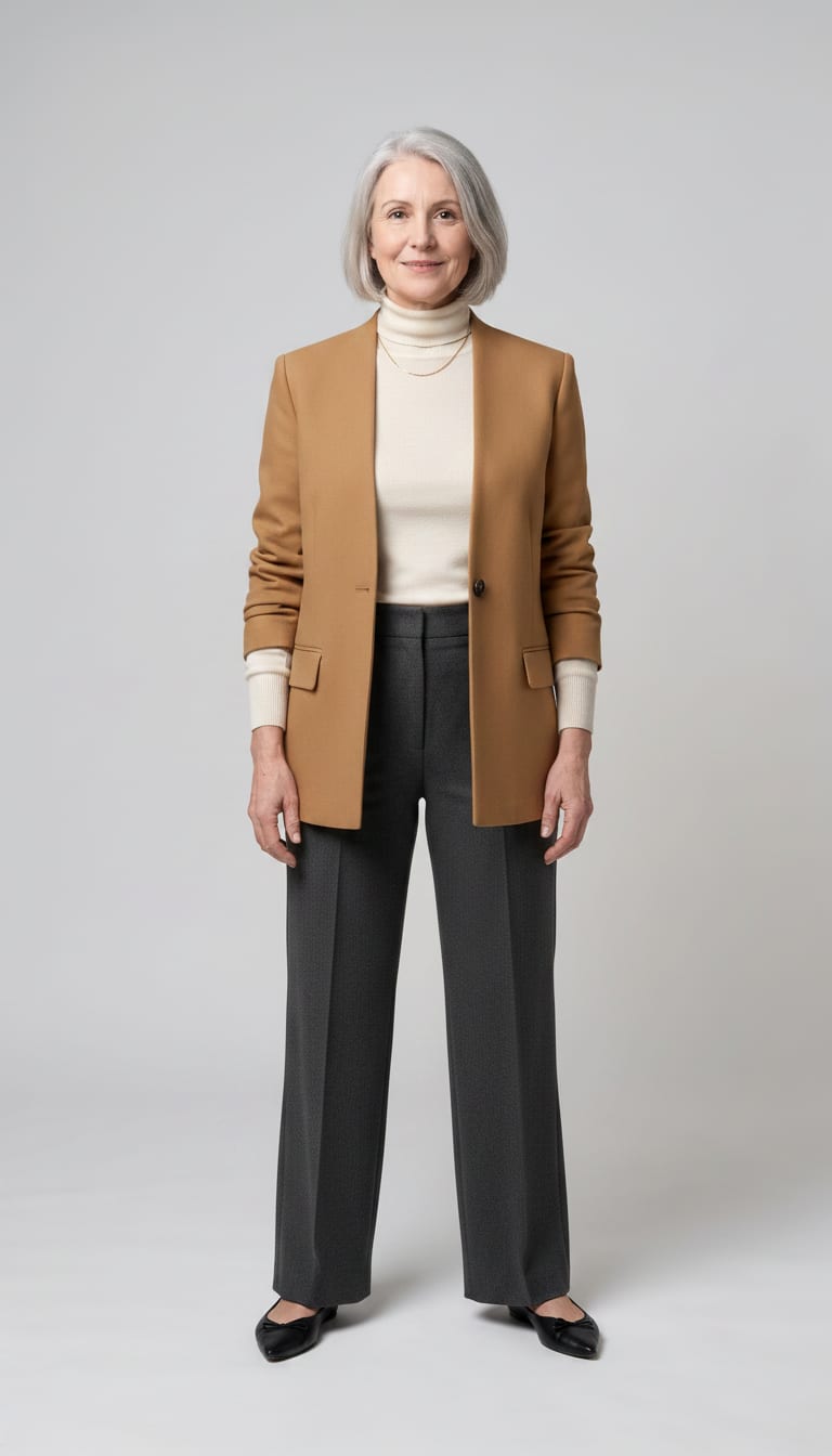 A woman wearing a charcoal grey tailored wool wide-leg trousers, cream fine-gauge cashmere blend turtleneck sweater, camel unlined wool blazer and black leather pointed-toe ballet flats — a quiet luxury outfit.