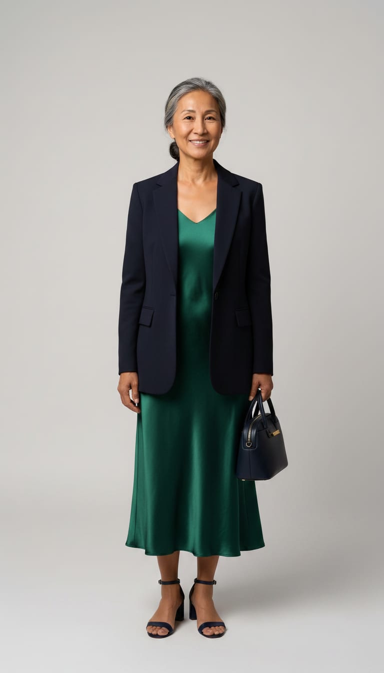 A woman wearing a deep emerald green silk charmeuse slip midi dress, navy tailored wool crepe blazer, navy leather block-heel ankle strap sandals and small navy smooth leather structured top-handle bag — a quiet luxury outfit.