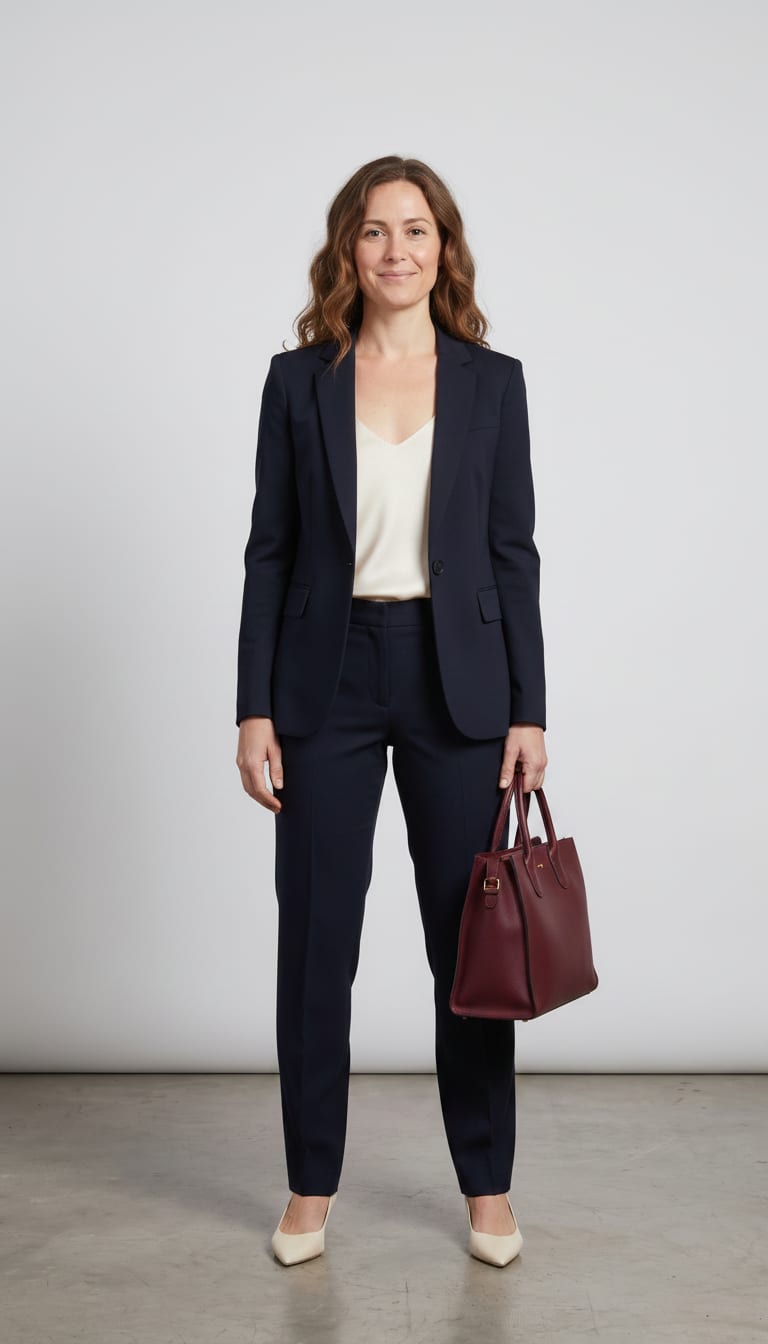 A woman wearing a navy single-breasted blazer, cream silk camisole, navy wool crepe tailored straight-leg trousers and cream leather pointed-toe kitten heels — a quiet luxury outfit.
