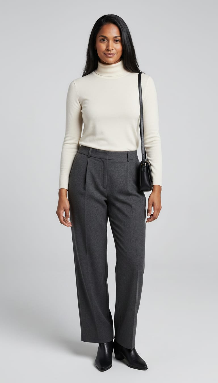 A woman wearing a cream fine-gauge merino wool fitted turtleneck sweater, charcoal grey fluid wide-leg wool blend trousers, black leather pointed-toe ankle boots and small structured black leather shoulder bag — a quiet luxury outfit.