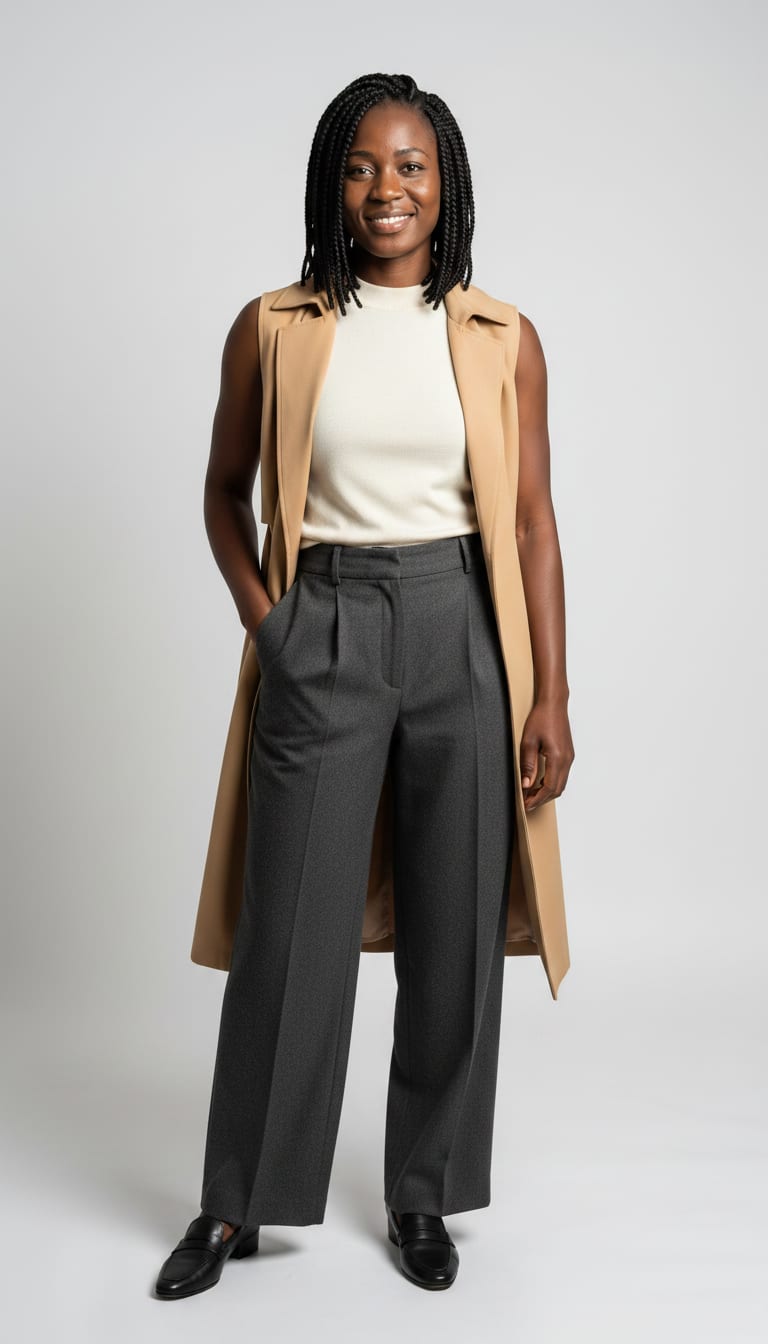 A woman wearing a charcoal gray wool blend wide-leg trousers, cream fine-gauge knit sleeveless mock-neck top, light camel unlined longline trench vest and black leather pointed-toe loafers — a quiet luxury outfit.