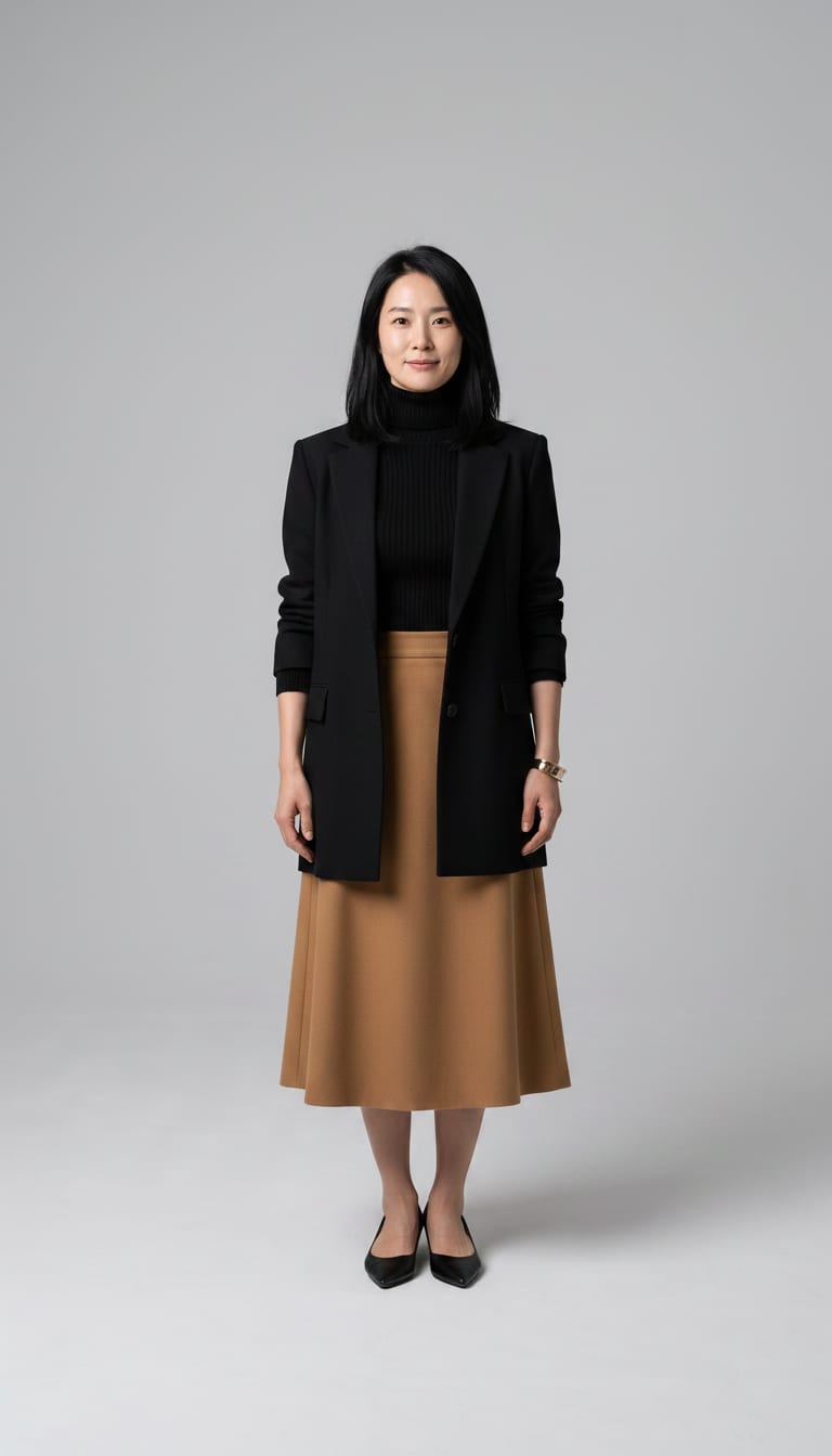 A woman wearing a black fine-gauge ribbed knit turtleneck sweater, camel wool A-line midi skirt, black wool blend longline blazer and black leather low-heeled pointed-toe pumps — a quiet luxury outfit.