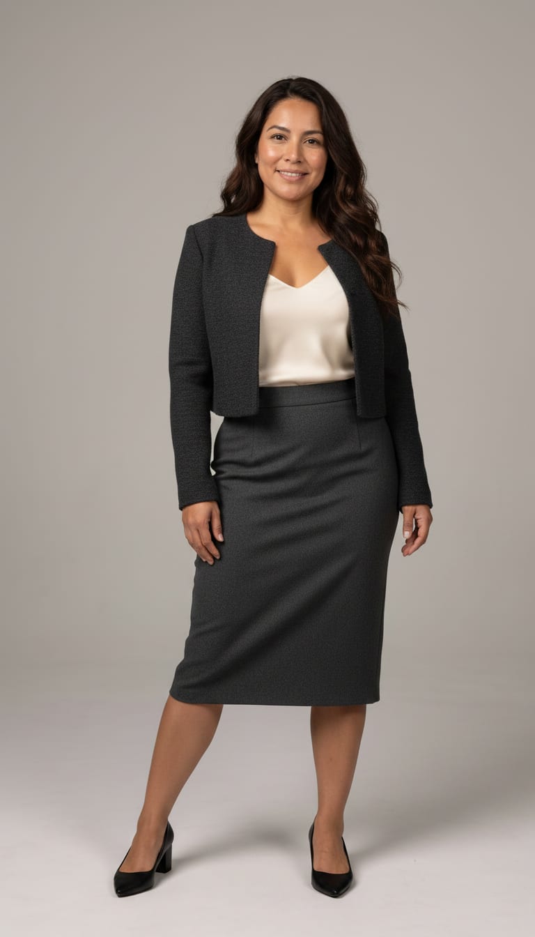 A woman wearing a tailored midi-length pencil skirt in charcoal grey wool, a delicate cream silk camisole, a structured and sleek black leather pumps — a quiet luxury outfit.