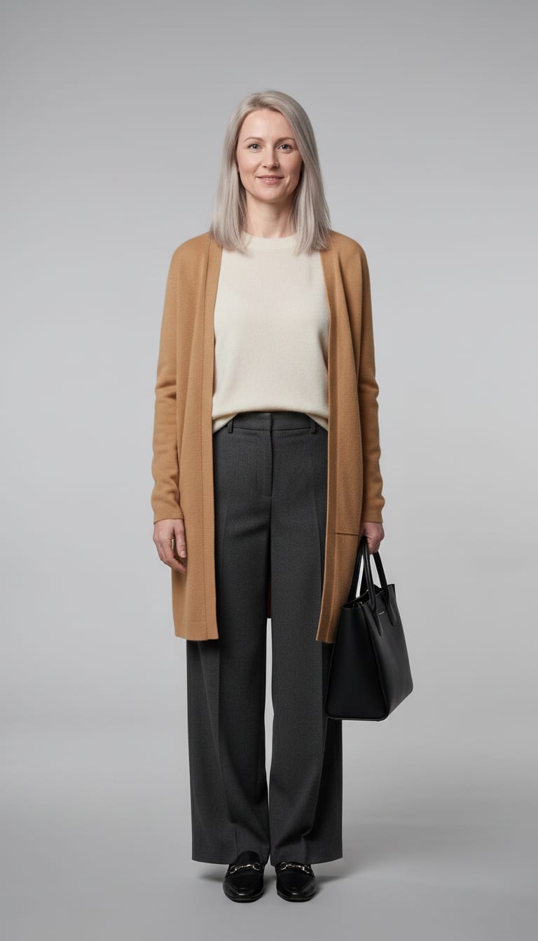 A woman wearing a cream fine-gauge cashmere crewneck sweater, charcoal grey wool blend wide-leg trousers, camel cashmere longline cardigan and black leather pointed-toe loafers — a quiet luxury outfit.
