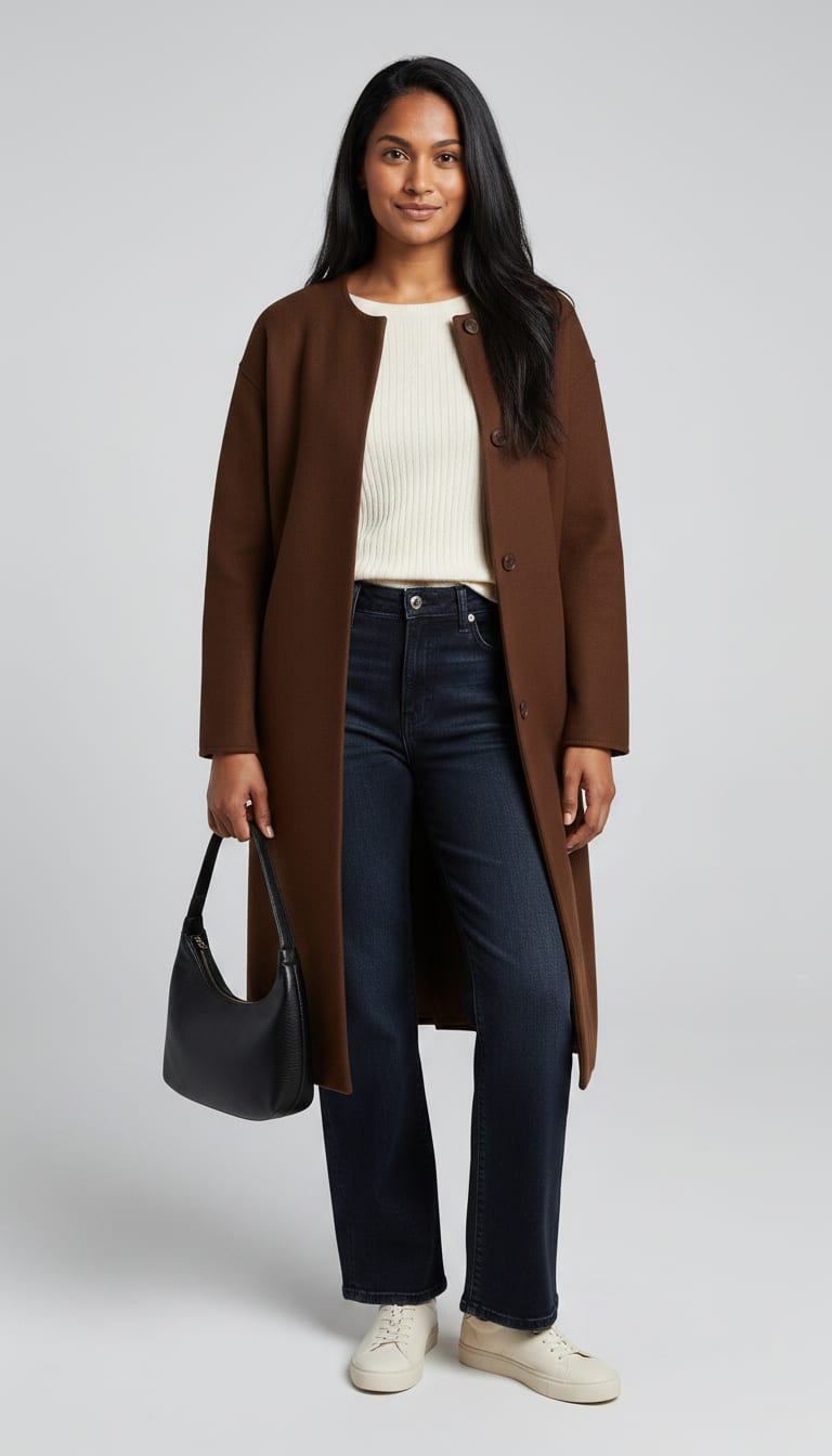 A model wearing a soft minimalism outfit.