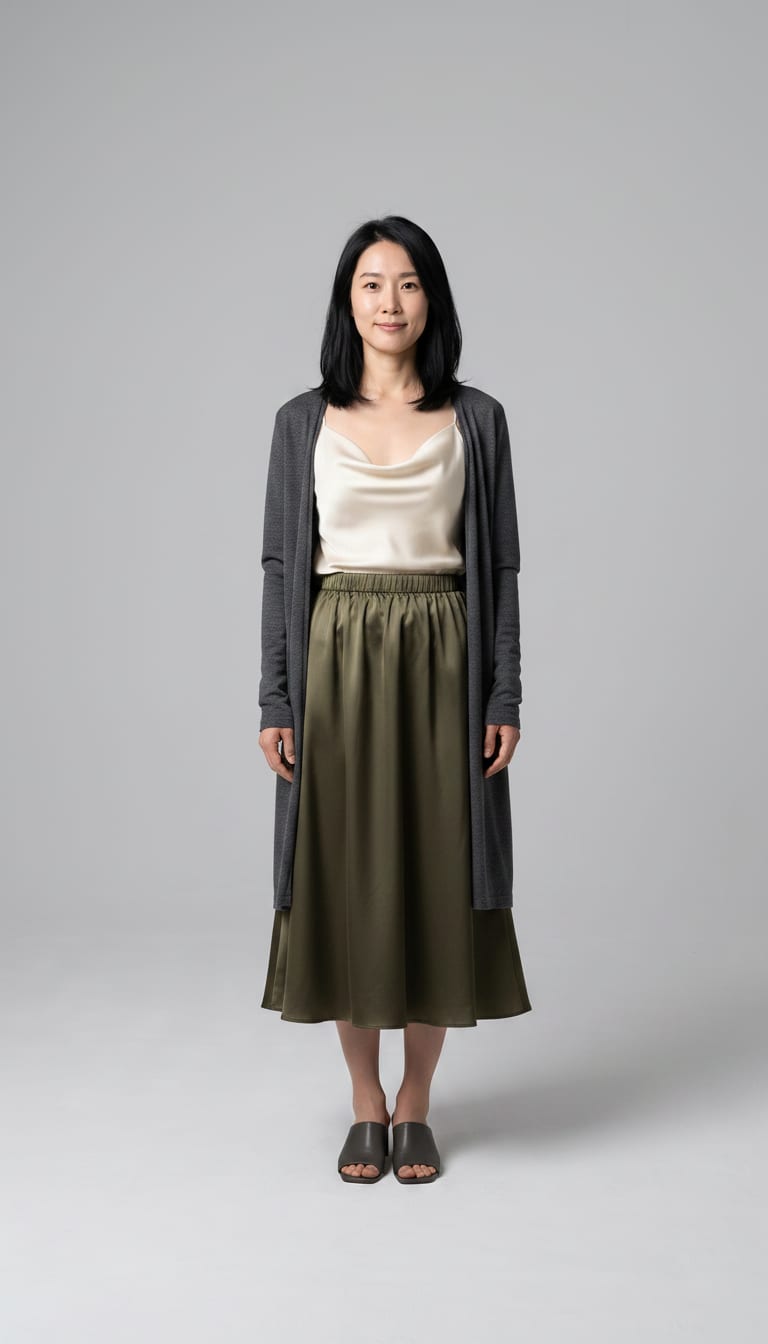 A woman wearing a creamy ivory cowl-neck camisole crafted from a matte silk-blend fabric, deep olive satin A-line midi skirt, charcoal grey fine merino wool long open-front cardigan and charcoal grey leather block-heel mules — a soft minimalism outfit.