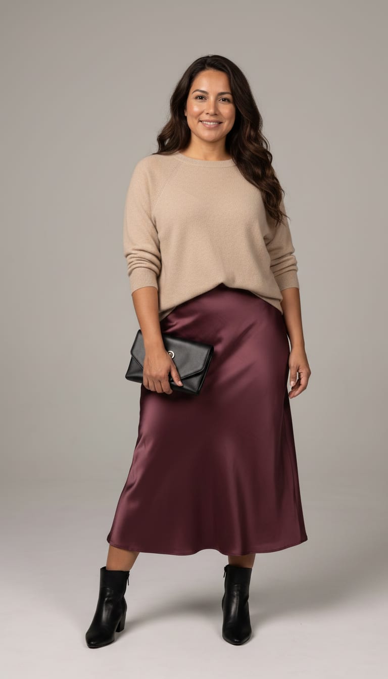 A woman wearing a midi-length bias-cut satin slip dress in a deep, relaxed-fit fine-gauge cashmere blend crewneck sweater in soft beige, black leather block heel ankle boots and small structured black leather clutch bag — a soft minimalism outfit.