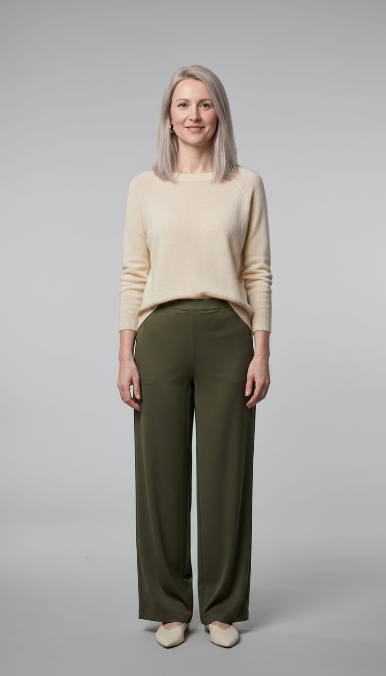 A woman wearing a warm cream fine-gauge merino wool knit boat-neck sweater, deep olive fluid wide-leg trousers in a Tencel-blend crepe fabric, cream soft leather pointed-toe flats and small — a soft minimalism outfit.