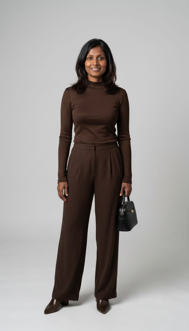 A woman wearing a fitted, high-waisted, sleek and structured mini top-handle bag in black leather — a soft minimalism outfit.