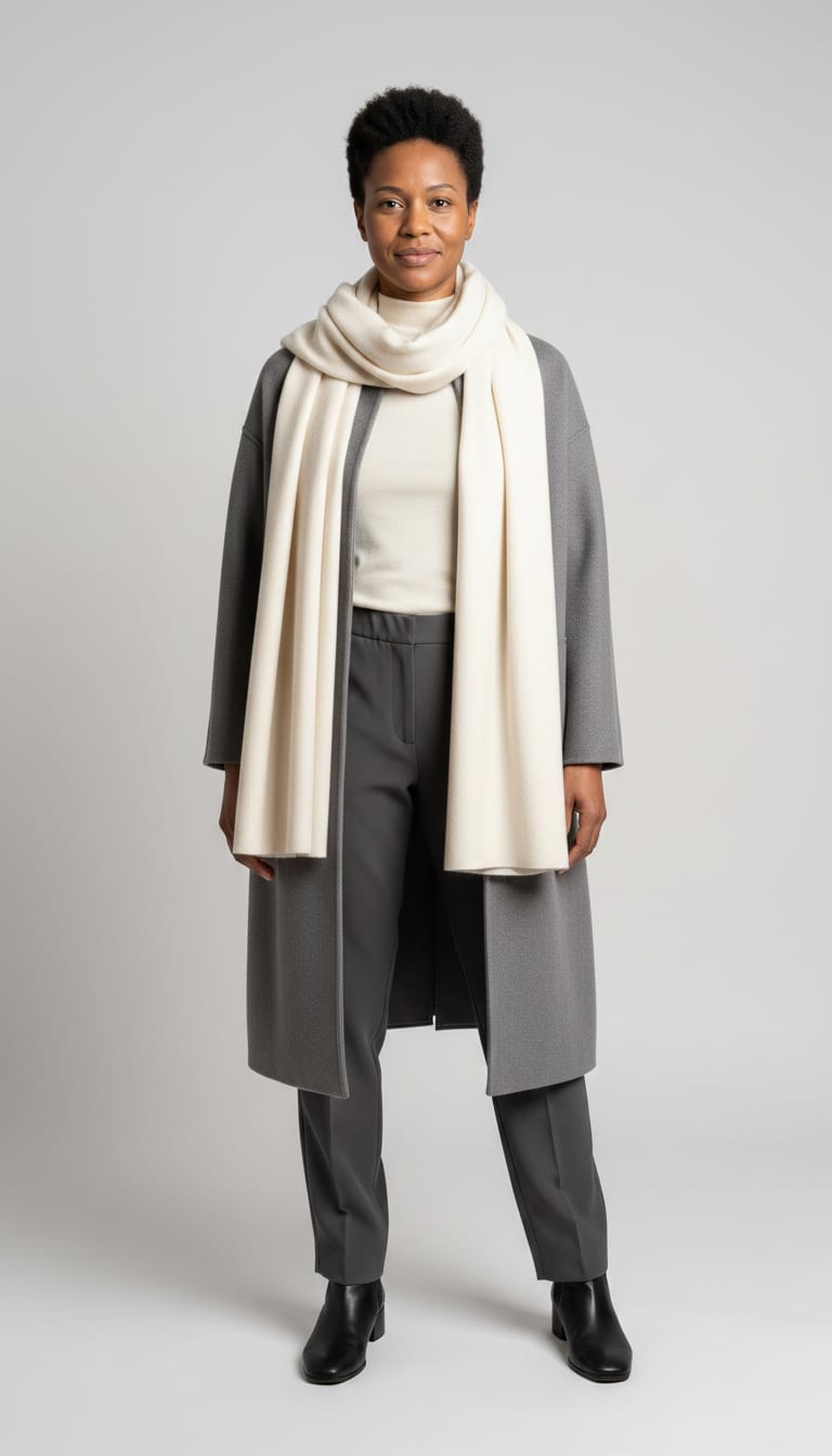 A woman wearing a cool cream high-neck fitted knit top in a fine merino wool blend, soft charcoal wool-blend straight-leg trousers, longline soft grey unstructured wool coat and black leather minimalist ankle boots — a soft minimalism outfit.