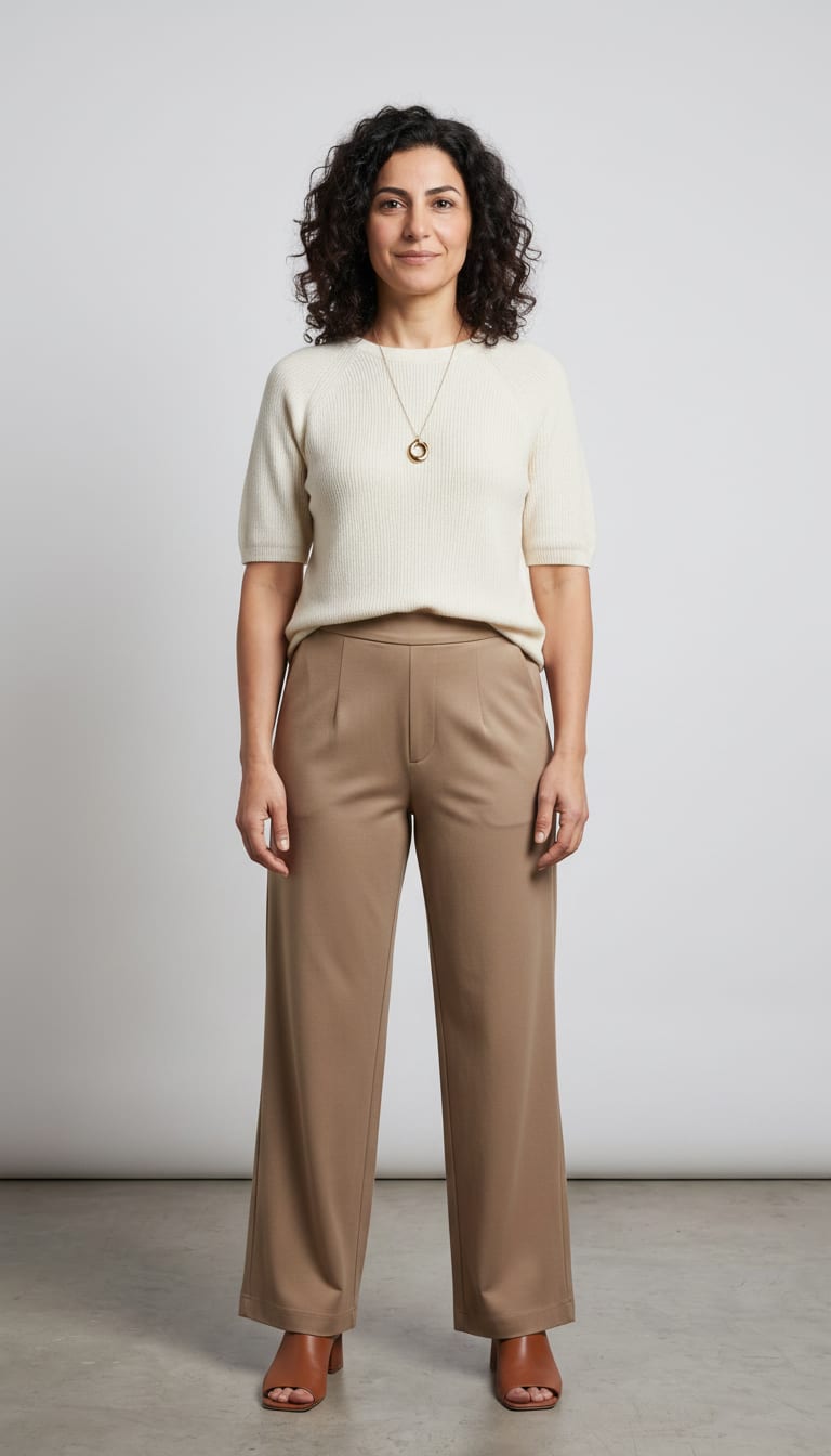 A woman wearing a high-waisted, fine-gauge knit short-sleeve sweater in creamy ivory, low block heel mules in light brown leather and sculptural pendant necklace in matte gold — a soft minimalism outfit.