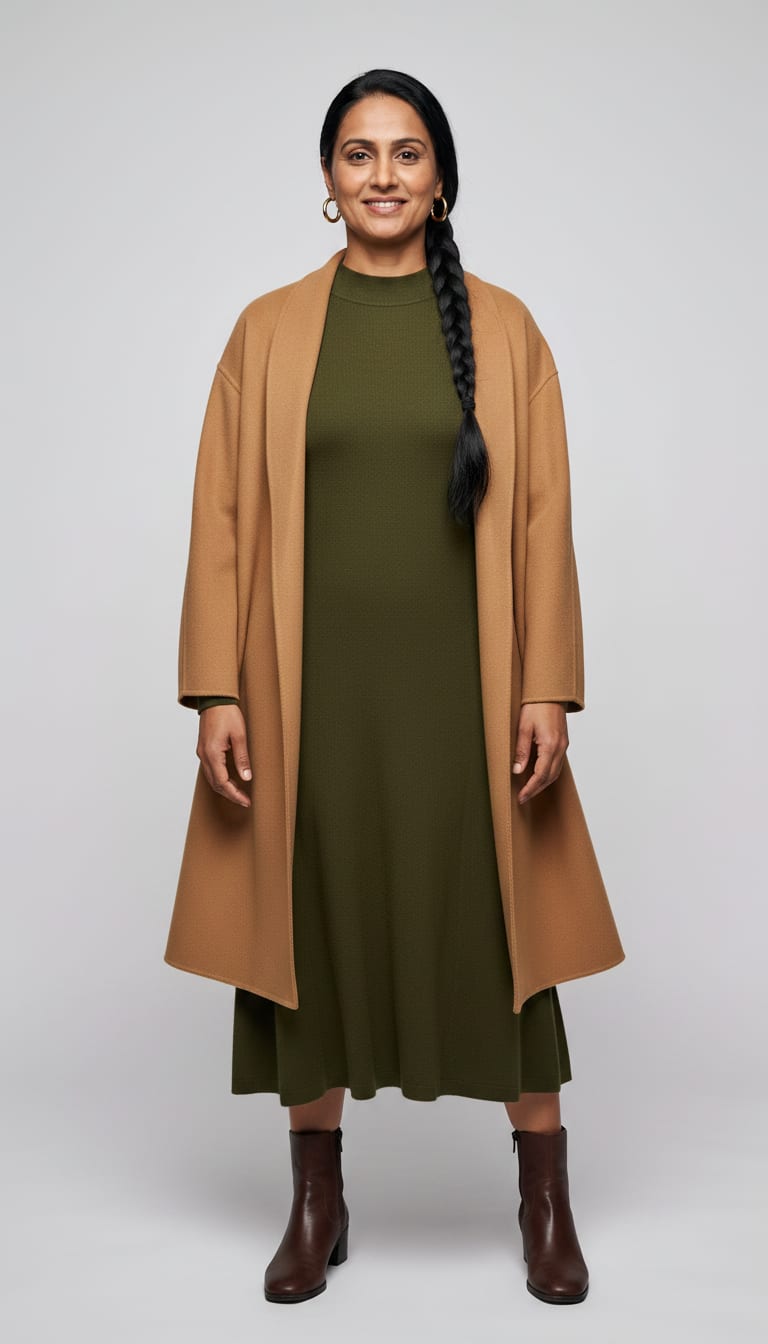 A woman wearing a long-sleeve midi knit dress in a deep olive green fine-gauge merino wool, oversized, dark brown leather ankle boots and simple — a soft minimalism outfit.