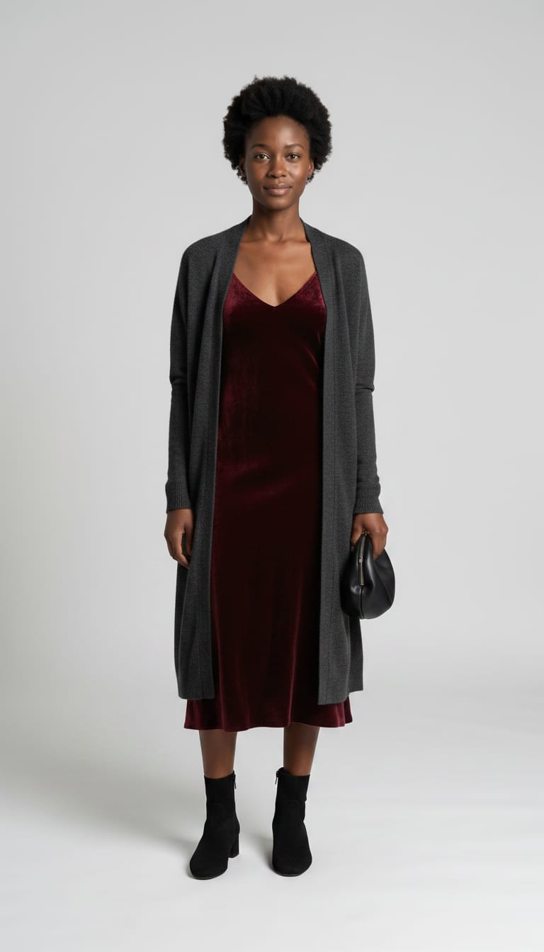 A woman wearing a midi-length velvet slip dress in deep burgundy, charcoal grey fine-knit duster cardigan, black suede low block-heel ankle boots and small black leather clutch bag — a soft minimalism outfit.