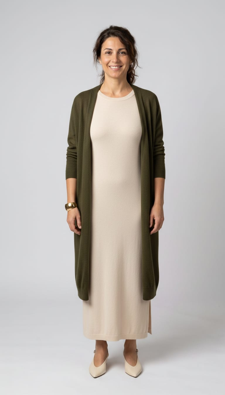 A woman wearing a warm off-white fine knit merino wool maxi dress, deep olive soft wool blend longline cardigan, cream pointed-toe slingback heels and wide — a soft minimalism outfit.