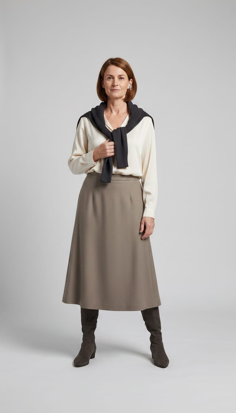 A woman wearing a relaxed-fit silk-blend long-sleeve blouse in a soft cream, high-waisted A-line midi skirt in a brushed taupe wool blend, lightweight fine-gauge knit sweater in deep charcoal and sleek low-heeled pointed-toe boots in a dark grey suede — a soft minimalism outfit.