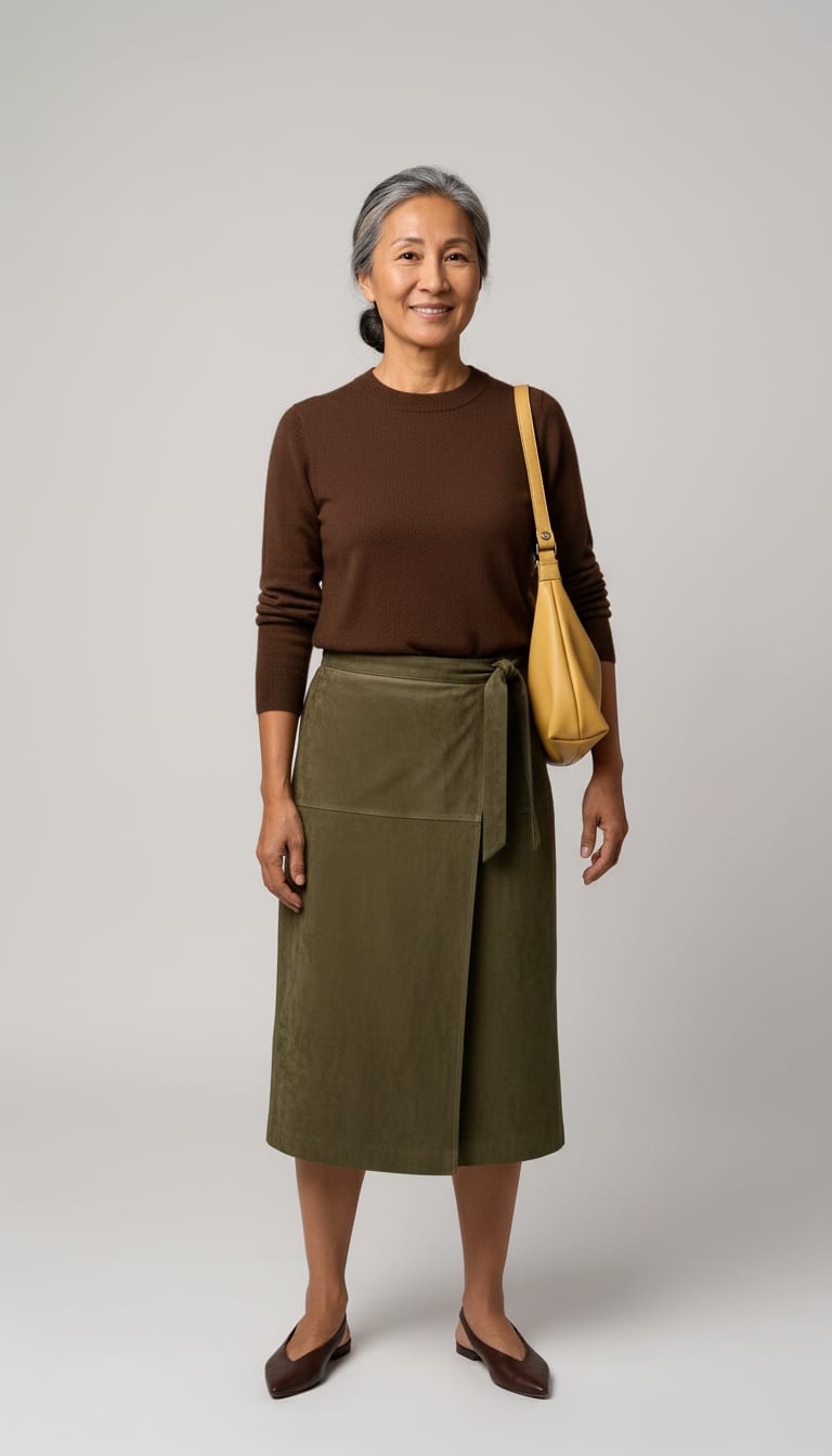A model wearing a suede outfit.