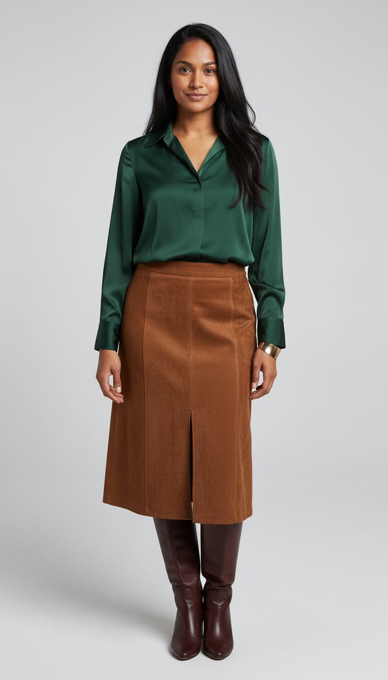 A woman wearing a deep forest green fluid silk-satin long-sleeve blouse, warm cognac brown faux suede A-line midi skirt, rich dark brown smooth leather knee-high boots and minimalist wide architectural open cuff bracelet finished in polished brushed gold — a suede outfit.
