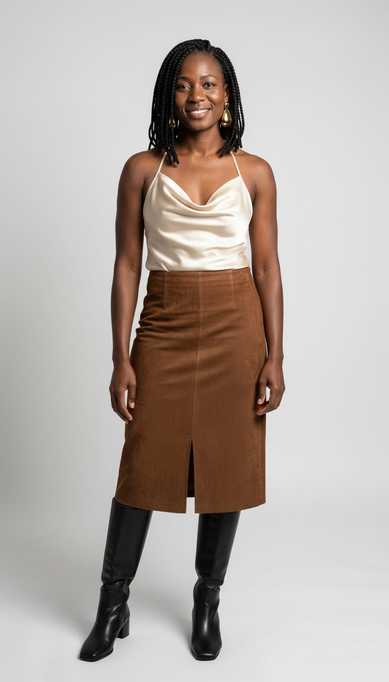 A woman wearing a champagne ivory washed-satin cowl-neck halter blouse, straight-cut umber brown suede midi skirt, sleek black leather knee-high boots and polished chunky gold teardrop earrings — a suede outfit.