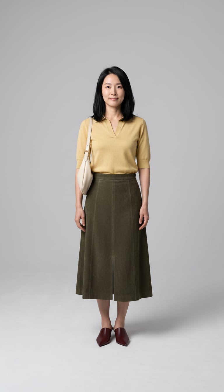 A woman wearing an a-line midi skirt in deep olive green goat suede, fine-gauge short-sleeve knit polo in soft butter yellow cotton-silk blend, low kitten heel mules and supple — a suede outfit.