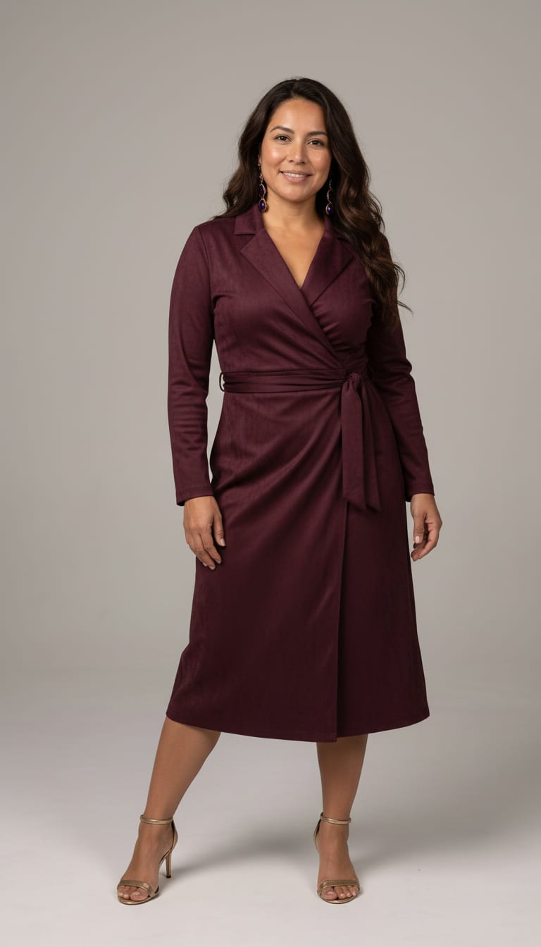 A woman wearing a deep plum faux suede midi wrap dress, burnished gold metallic leather open-toe sandals and deep purple glass crystal drop earrings set in pronged gold-tone metal — a suede outfit.