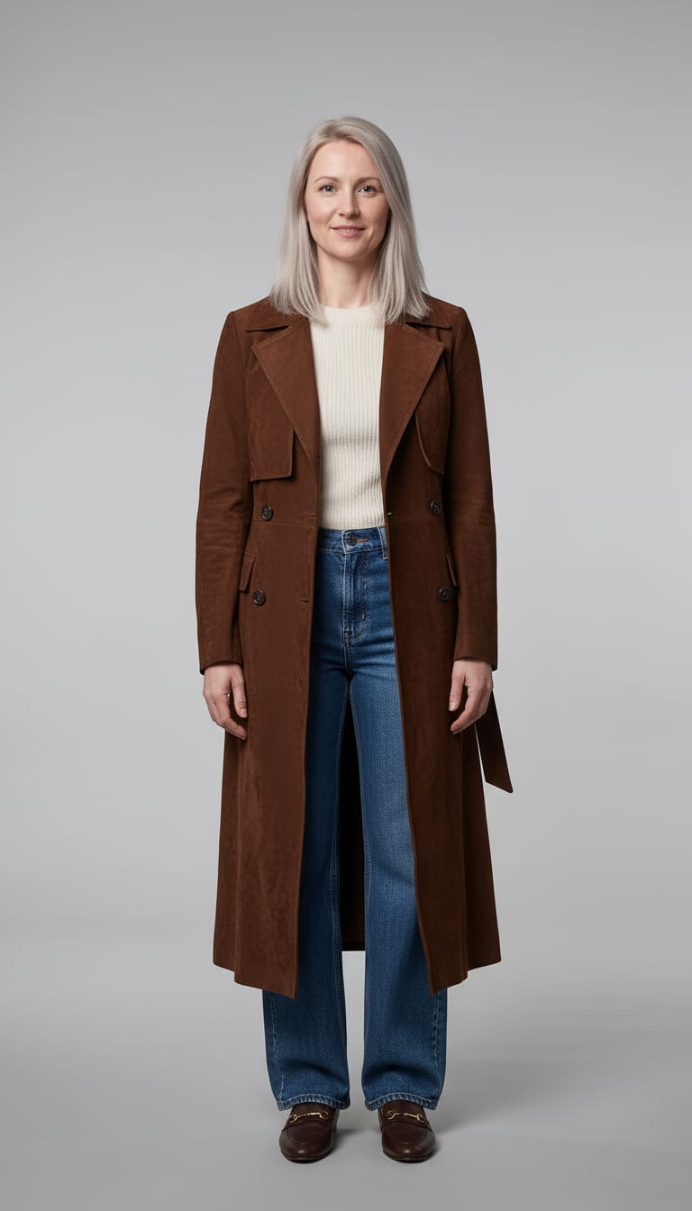 A woman wearing a chocolate brown suede maxi trench coat, fitted ivory fine-gauge ribbed knit crewneck sweater, mid-wash indigo wide-leg denim trousers and deep espresso brown leather almond-toe loafers — a suede outfit.
