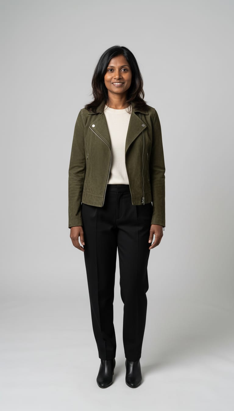 A woman wearing an asymmetrical zip moto jacket in deep olive green suede, fine-gauge cream crewneck sweater in a lightweight merino wool blend, black tailored wool-blend trousers and smooth black leather ankle boots — a suede outfit.