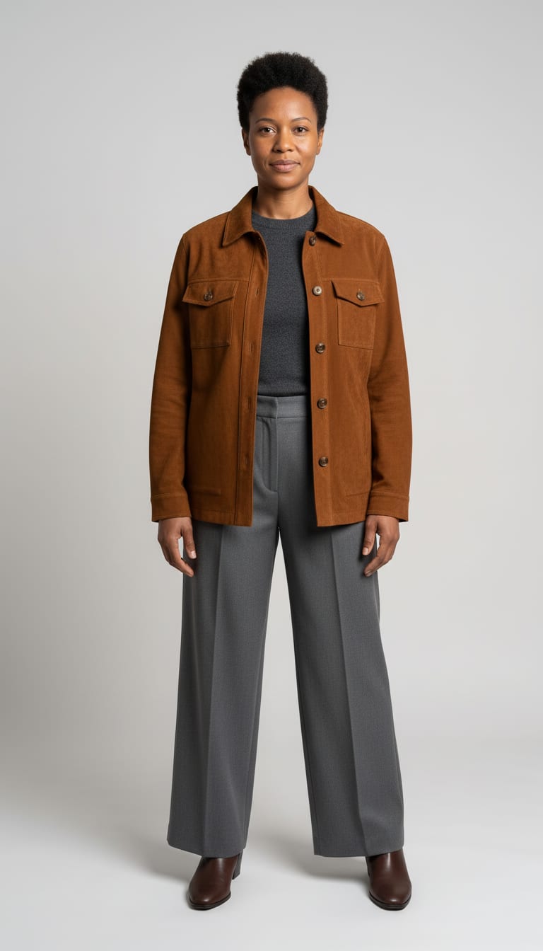 A woman wearing a boxy cognac brown faux-suede utility chore jacket, fitted charcoal grey fine-gauge merino wool crewneck sweater, high-waisted slate grey woven wide-leg trousers and smooth dark brown leather ankle boots — a suede outfit.