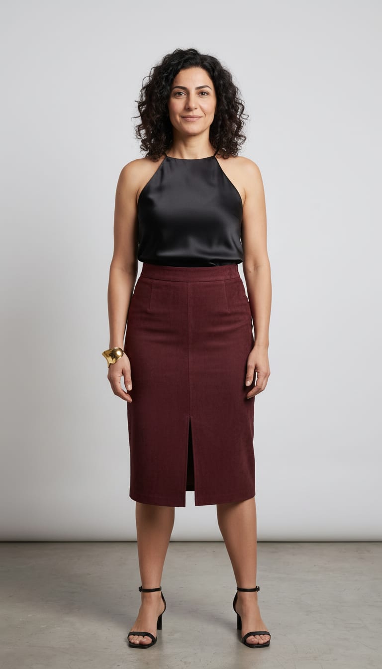 A woman wearing a high-rise deep wine faux suede midi pencil skirt, sleek black satin halter neck top, minimalist black strappy heeled sandals and chunky sculptural gold cuff bracelet — a suede outfit.
