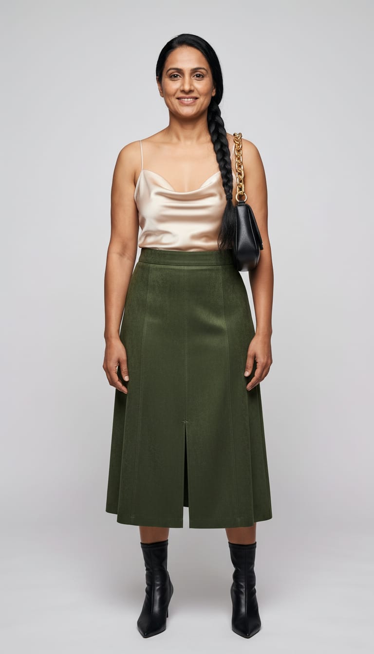 A woman wearing a high-waisted A-line midi skirt in rich olive emerald faux suede, fluid satin camisole in warm champagne, sleek sock-style ankle boots in glossy black stretch faux leather and structured black leather baguette shoulder bag accented — a suede outfit.