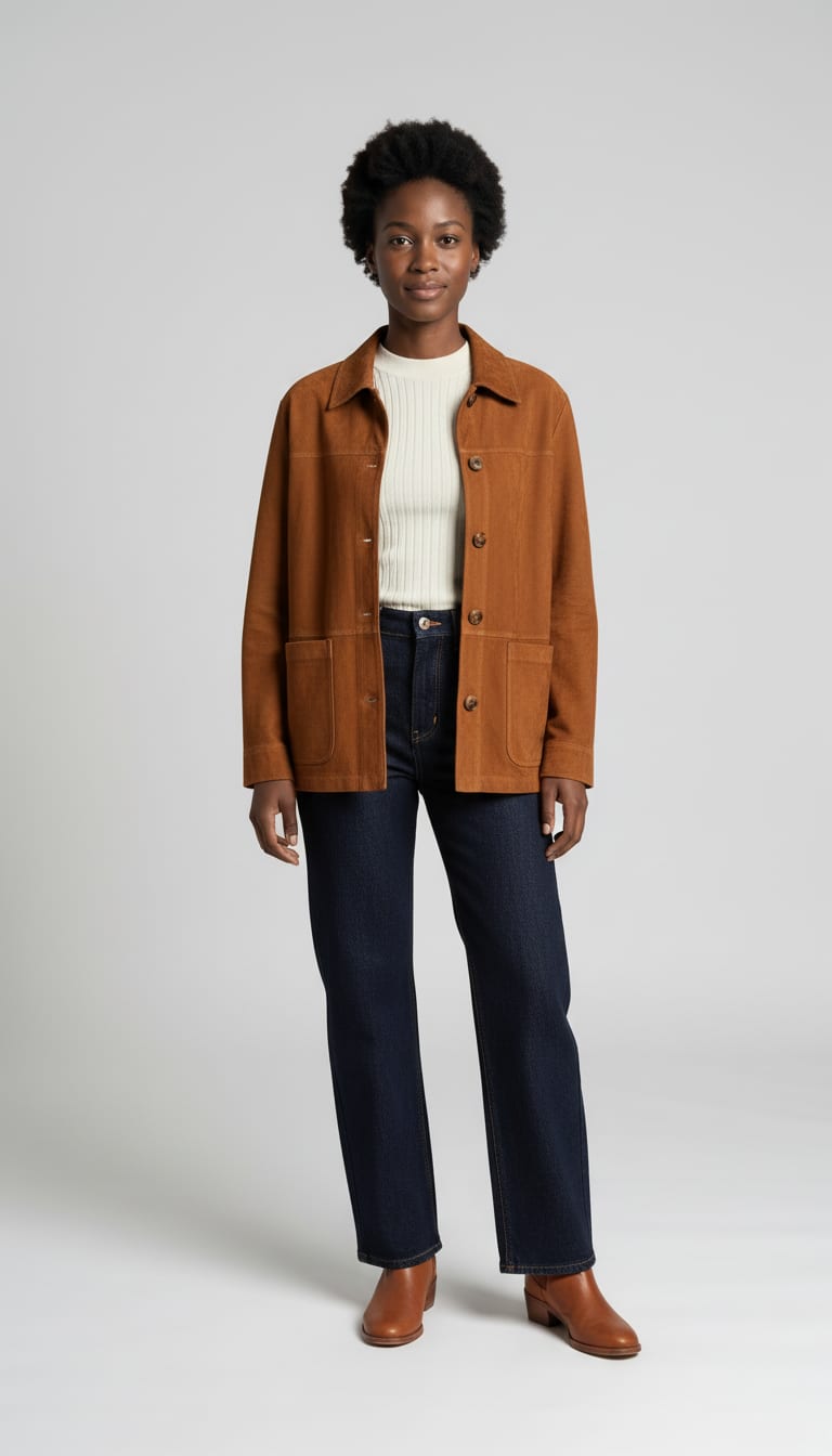 A woman wearing an amber-brown unlined suede chore jacket, an ivory high-neck ribbed knit tank cut close to the chest, rigid deep indigo wide-leg jeans and warm caramel leather ankle boots — a suede outfit.