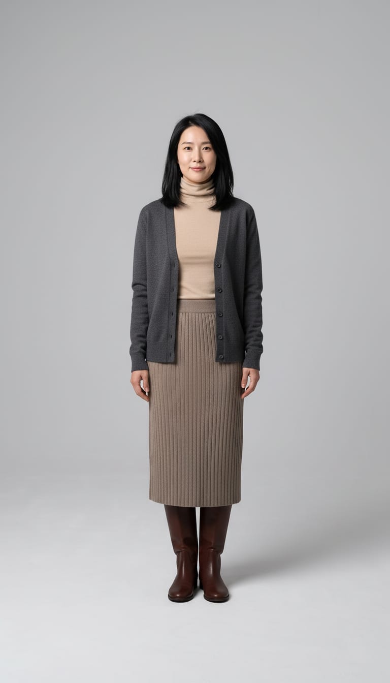 A woman wearing a cream fine-gauge ribbed merino wool turtleneck sweater, deep chocolate brown oversized V-neck cardigan in boiled wool, rust orange heavy ribbed-knit column midi skirt and chocolate brown smooth leather knee-high riding boots — a Thanksgiving outfit.