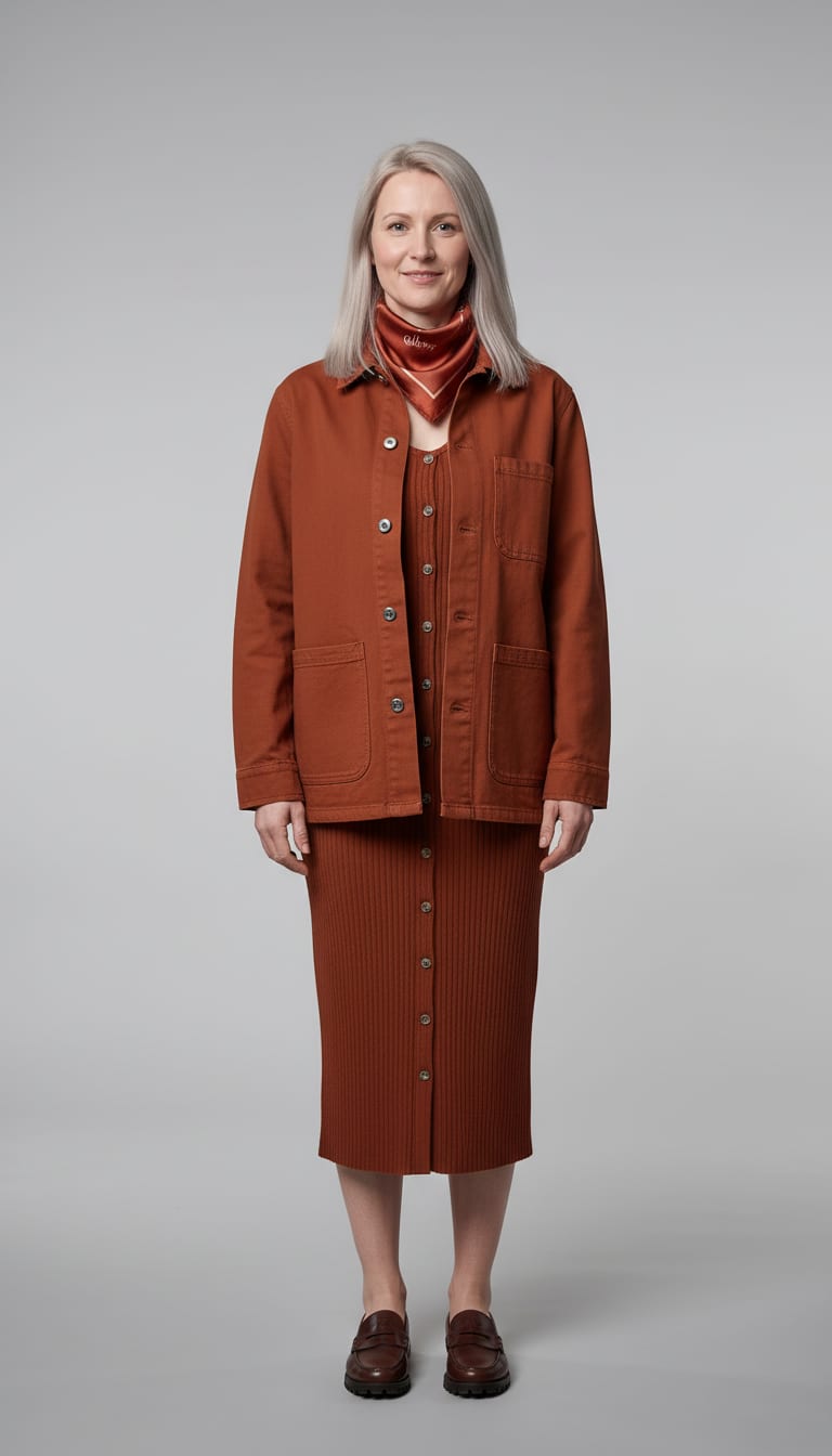 A woman wearing a deep olive garment-dyed cotton canvas chore jacket, camel heather long-sleeve knit midi dress in a stretchy vertical rib, off-white smooth leather penny loafers set on an ultralight tonal lug sole and burnt orange silk-twill square bandana scarf — a Thanksgiving outfit.