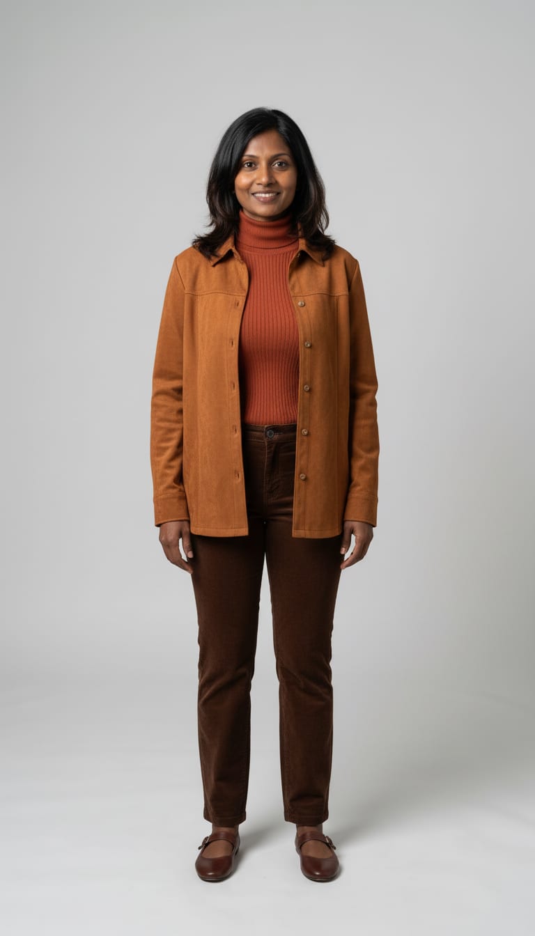 A woman wearing an ivory cream fine-gauge merino wool turtleneck sweater, espresso brown suede chore jacket, rich camel brown fine-wale corduroy straight-leg trousers and espresso brown smooth leather square-toe Mary Jane flats — a Thanksgiving outfit.