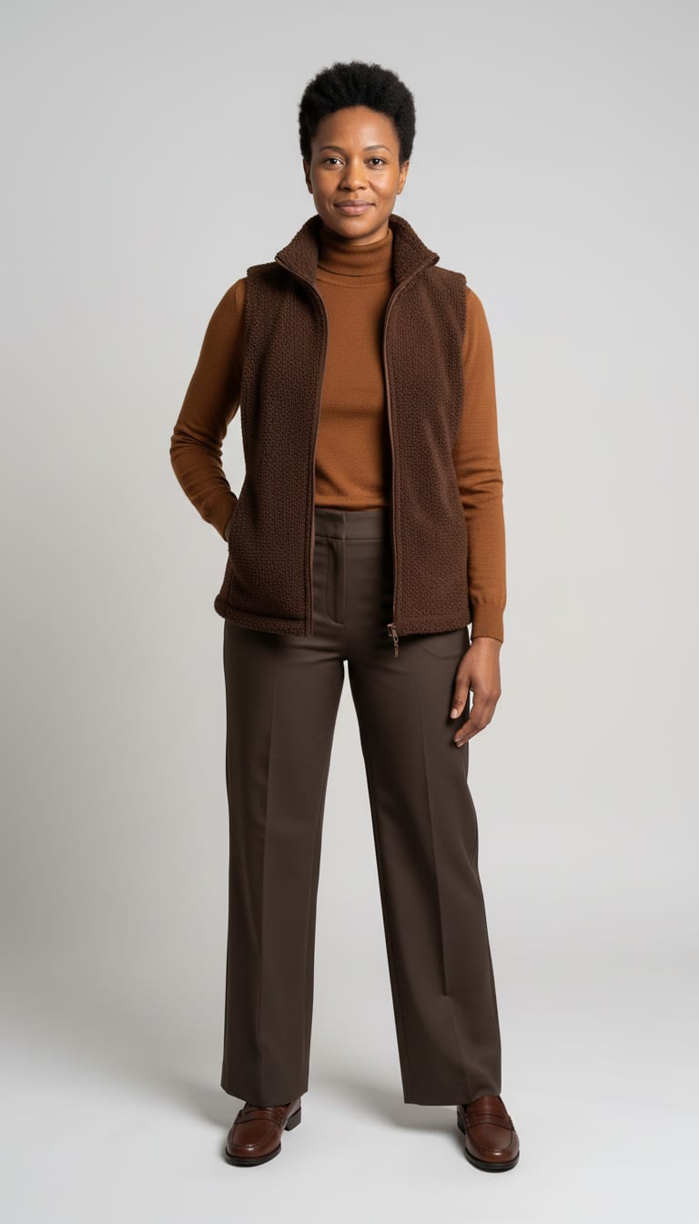 A woman wearing a fine-gauge lightweight turtleneck sweater in warm camel merino wool, boxy, high-waisted curved barrel-leg trousers in durable burnt pecan cotton twill and classic almond-toe penny loafers in smooth burnished cognac leather — a Thanksgiving outfit.