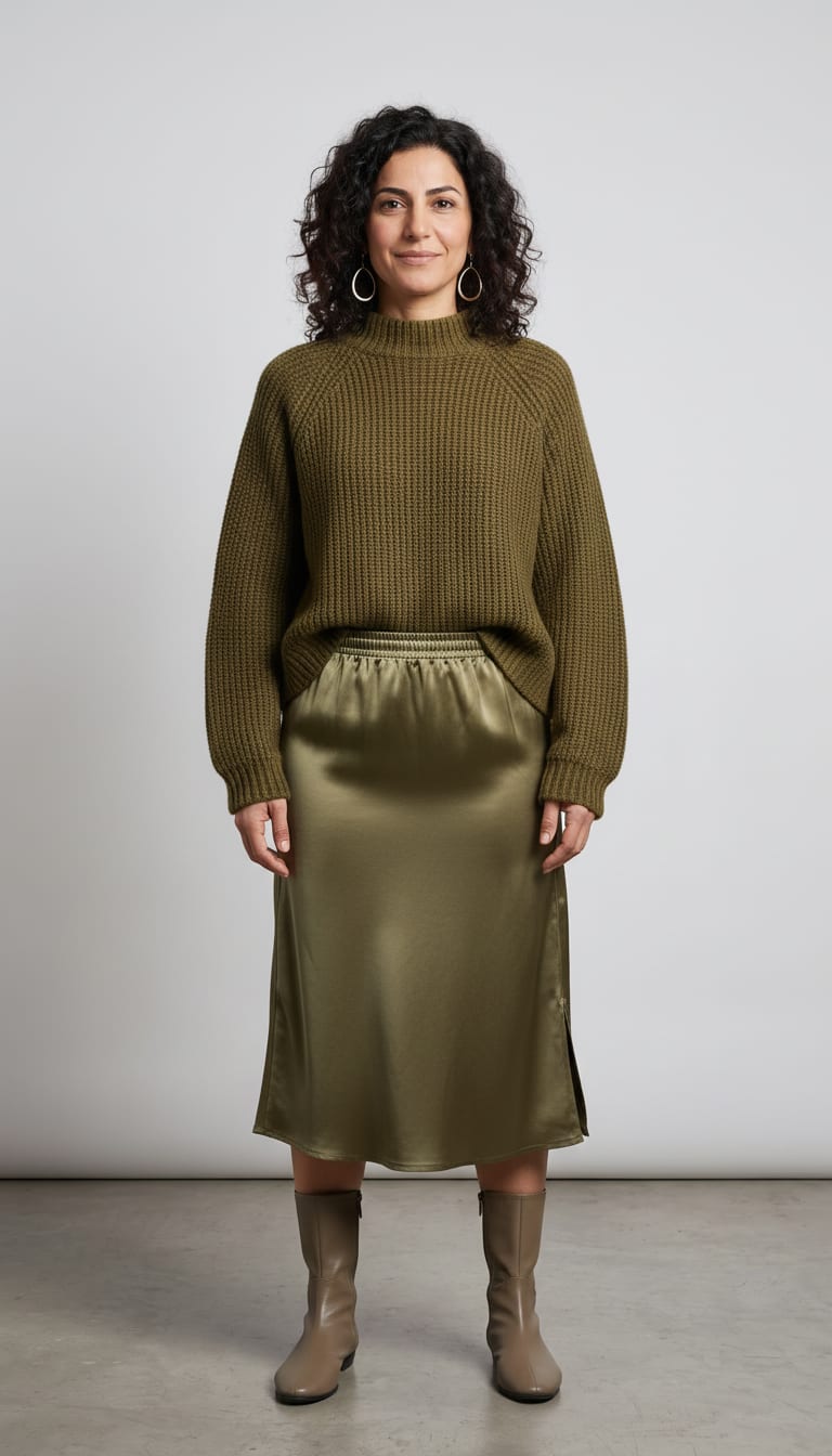 A woman wearing a chunky rust-orange wool-blend mock-neck sweater, deep olive green satin midi skirt, off-white cream leather ankle boots and medium-sized sculptural teardrop hoop earrings in polished warm gold brass — a Thanksgiving outfit.