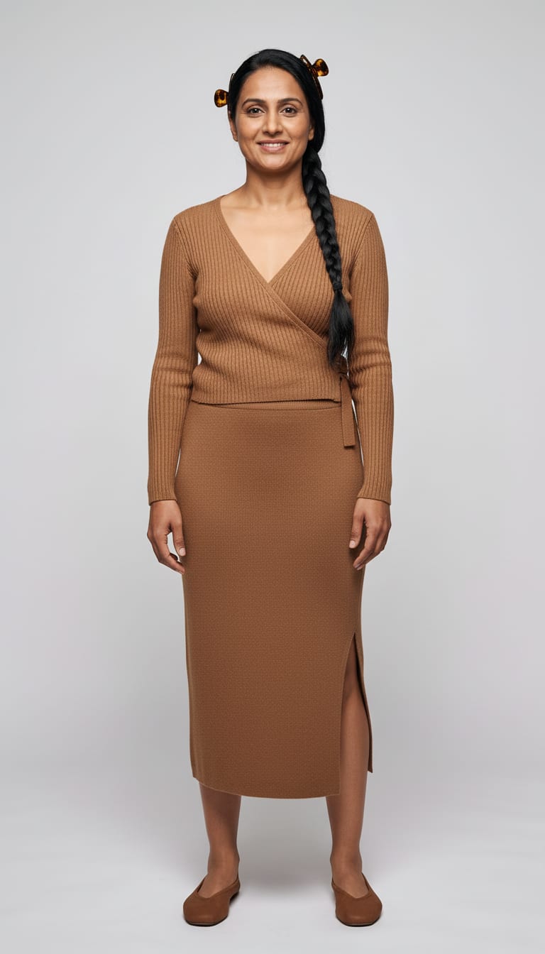 A woman wearing a relaxed wrap cardigan in burnt paprika textured bouclé yarn, high-rise column midi skirt in oatmeal marled rib-knit cotton blend, soft unlined glove flats in cinnamon nappa leather and oversized amber and tortoiseshell acetate claw clip — a Thanksgiving outfit.