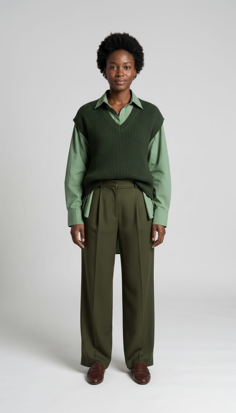 A woman wearing an ivory cotton-poplin button-down shirt cut in a relaxed boyfriend fit, deep moss green crewneck sweater vest in a mid-gauge boiled wool knit, camel fluid wool-blend wide-leg trousers and dark brown burnished leather loafers — a Thanksgiving outfit.