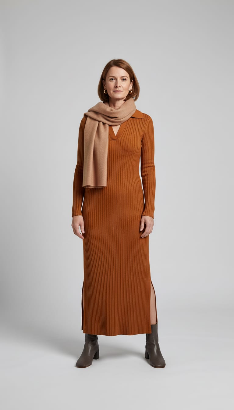 A woman wearing a long-sleeve ankle-length polo collar maxi dress in a flexible fine-gauge ribbed knit in warm amber rust, glove-leather ankle boots, generously scaled rectangular wrap scarf in a brushed wool-cashmere blend in oatmeal cream and chunky architectural mini hoop earrings — a Thanksgiving outfit.