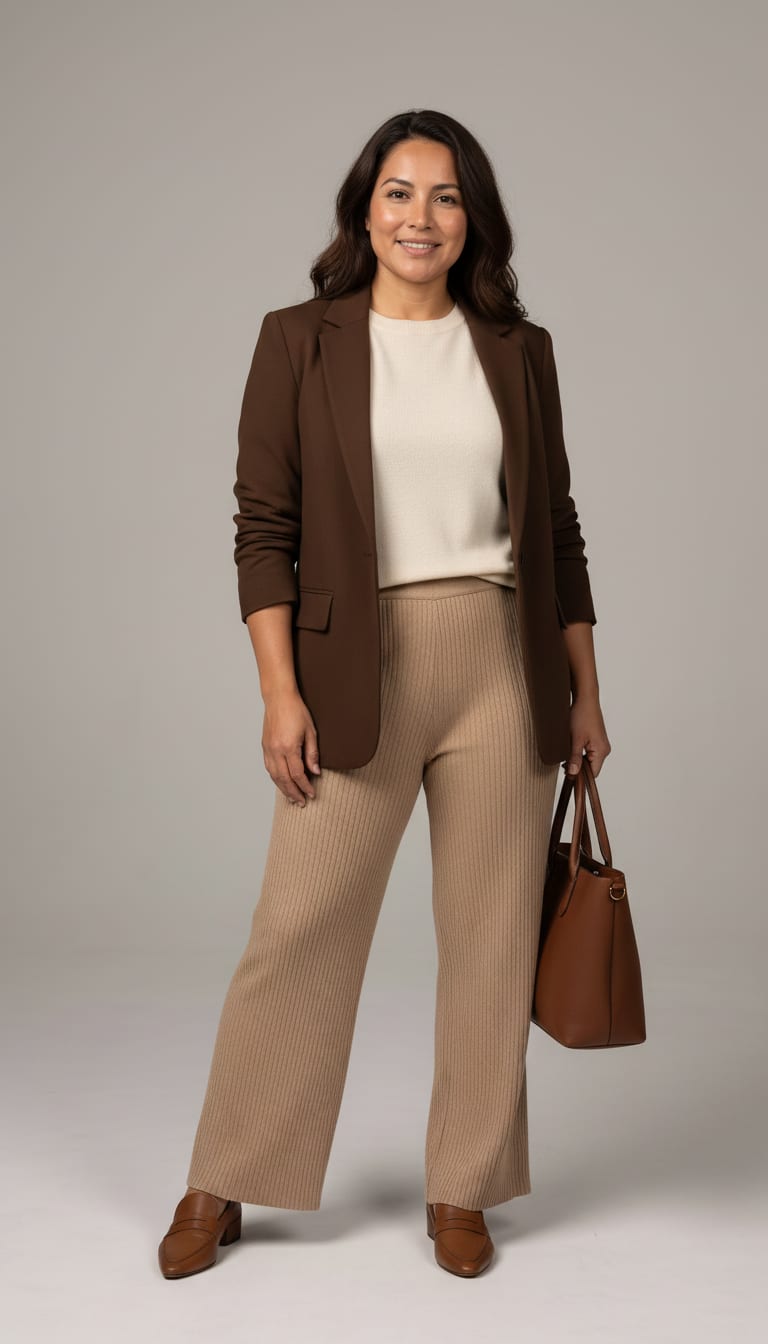 A woman wearing a fine-gauge cashmere blend crewneck sweater in ivory, pleated knit wide-leg trousers in warm beige, tailored and pointed-toe leather loafers in a deep tan — a weekend polished outfit.