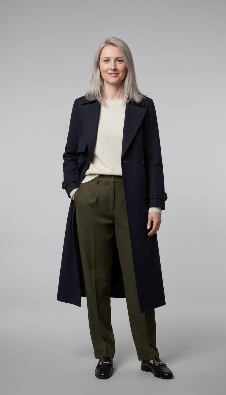 A woman wearing a deep olive tailored relaxed-fit trousers in a structured wool blend, cream cashmere-blend crewneck sweater, classic navy long wool blend trench coat and black leather loafers — a weekend polished outfit.